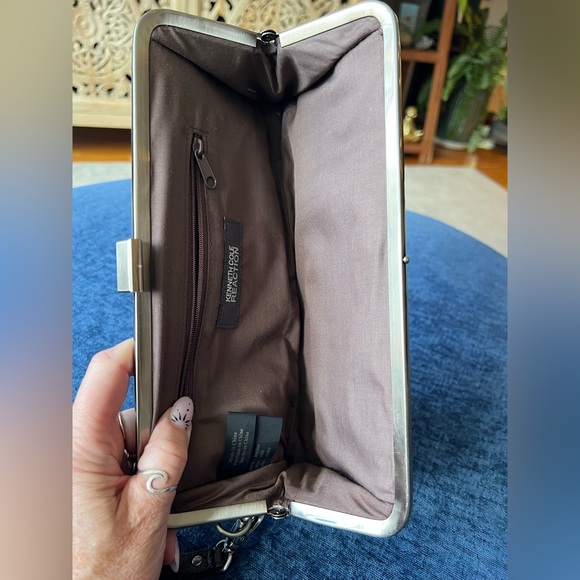 Kenneth Cole Reaction Brown Leather Frame Clutch Wristlet Kiss Lock Bag - Picture 14 of 14